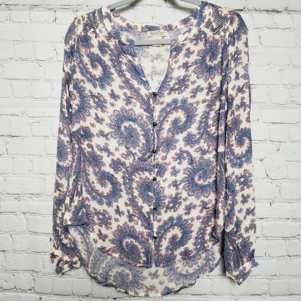 Lucky Brand Button Up Shirt Womens S Cream Paisley Semi Sheer Long Sleeve Boho